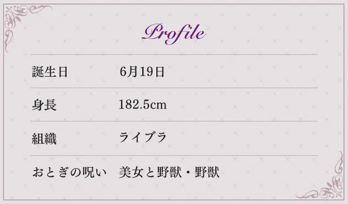 Profile 誕生日 3月2日 身長 180cm 組織 フォーゲル おとぎの呪い 白鳥の湖・黒鳥オディール